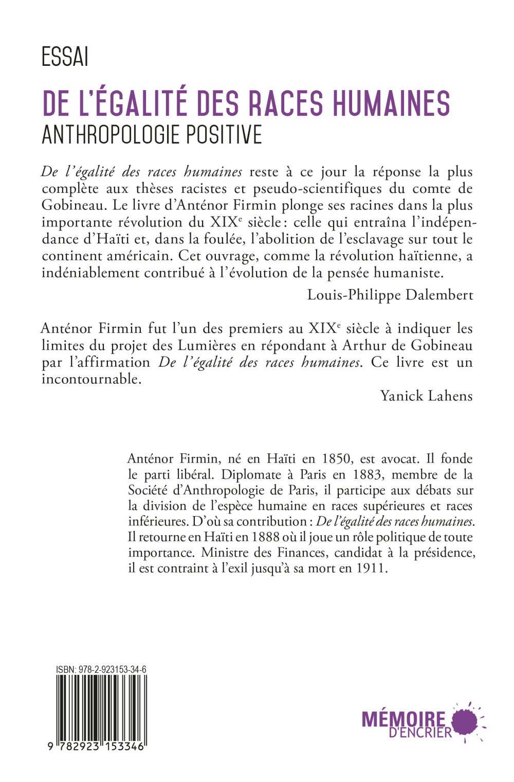 De l'égalité des races humaines Mémoire d'Encrier